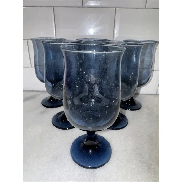 Vintage Libbey 1970s Tulip Dusky Blue12OZ Water/Wine Goblet Glass Set Of 6 GW995